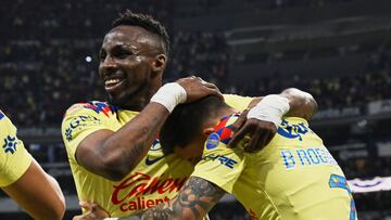 Julian Quinones celebrates his goal 5-1  with Brian Rodriguez of America during the 15th round match between America and Toluca as part of the Torneo Clausura 2024 Liga BBVA MX at Azteca Stadium on April 13, 2024 in Mexico City, Mexico.