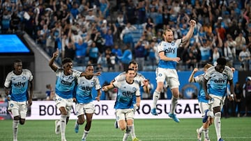 Nov 1, 2024; Charlotte, North Carolina, USA; Charlotte FC react to the win against Orlando City at Bank of America Stadium. Mandatory Credit: Scott Kinser-Imagn Images