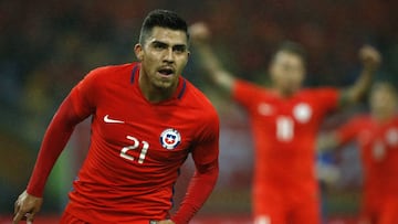 ******ATENCION EDITORES, FOTOGRAFIAS SOLO DISPONIBLE PARA CLIENTES ABONADOS A ESTA COBERTURA*****
 Futbol, Chile vs Croacia.
 El jugador de la seleccion chilena Cesar Pinares celebra su gol contra Croacia durante el partido de la Copa China en el estadio 