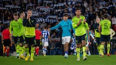 SAN SEBASTIAN, SPAIN - NOVEMBER 03: Casemiro, Scott McTominay and Christian Eriksen of Manchester United applaudsfans after the UEFA Europa League group E match between Real Sociedad and Manchester United at Reale Arena on November 03, 2022 in San Sebastian, Spain. (Photo by Ash Donelon/Manchester United via Getty Images)