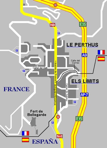 Mapa que señaliza la frontera entre España y Francia, con Le Perthús como frontera