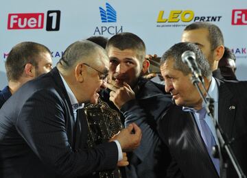 Dagestan's acting Minister of Physical Culture and Sports, Magomed Magomedov, Khabib Nurmagomedov, UFC lightweight champion who defeated Conor McGregor of Ireland in the main event of UFC 229, and his father, military serviceman and wrestler Abdulmanap Nu