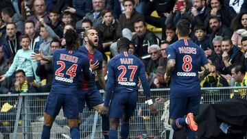 Paris Saint-Germain's French midfielder Chritopher Nkunku (L), Paris Saint-Germain's Brazilian defender Dani Alves, Paris Saint-Germain's French forward Moussa Diaby and Paris Saint-Germain's Brazilian midfielder Leandro Paredes celebr
