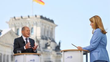 German Chancellor Olaf Scholz attends the ARD Sommerinterview with TV journalist Tina Hassel in Berlin, Germany, July 3, 2022. REUTERS/Christian Mang