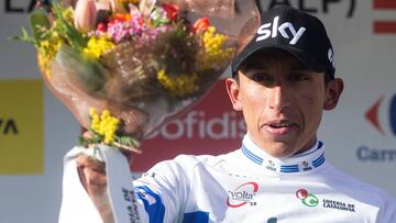 GRAF8502. LA MOLINA (GIRONA), 22/03/2018.- El ciclista colombiano del equipo Sky Egan A. Bernal lidera la clasificación de ciclista mas joven, tras los tiempos obtenidos en la cuarta etapa, la etapa reina de la Volta Ciclista a Catalunya, de 170,800 km entre LLanars (Vall de Camprodón) y La Molina (Alp).EFE/Quique García