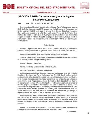 El Rayo ha convocado su Junta General de Accionistas