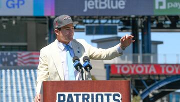 Apr 26, 2024; Foxborough, MA, USA; New England Patriots quarterback Drake Maye speaks to media on the game field after being drafted in the first round at Gillette Stadium. Mandatory Credit: Eric Canha-USA TODAY Sports