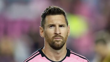 Inter Miami's Argentine forward #10 Lionel Messi stands for the National Anthem before the Major League Soccer (MLS) football match between Inter Miami and Charlotte FC at Chase Stadium in Fort Lauderdale, Florida, September 28, 2024. (Photo by Chris ARJOON / AFP)