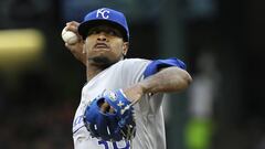 FILE - In this Thursday, July 28, 2016, file photo, Kansas City Royals starting pitcher Yordano Ventura throws during the first inning of a baseball game against the Texas Rangers in Arlington, Texas. Authorities in the Dominican Republic said Sunday, Jan. 22, 2017, that Ventura and former major leaguer Andy Marte both have died in separate traffic accidents. (AP Photo/LM Otero, File)