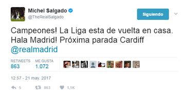 Former Real Madrid player Michel Salgado: "Champions! The LaLiga title back where it belongs. Hala Madrid! Next stop Cardiff"