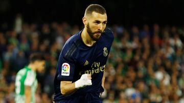 Benzema, tras marcar en la 2019-20 en casa del Betis.