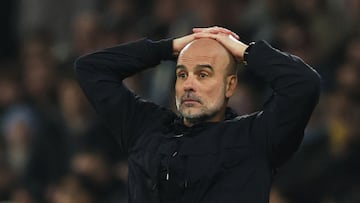 Soccer Football - Premier League - Manchester City v Nottingham Forest - Etihad Stadium, Manchester, Britain - March 4, 2026 Manchester City manager Pep Guardiola reacts after Rodri misses a chance to score REUTERS/Phil Noble EDITORIAL USE ONLY. NO USE WITH UNAUTHORIZED AUDIO, VIDEO, DATA, FIXTURE LISTS, CLUB/LEAGUE LOGOS OR 'LIVE' SERVICES. ONLINE IN-MATCH USE LIMITED TO 120 IMAGES, NO VIDEO EMULATION. NO USE IN BETTING, GAMES OR SINGLE CLUB/LEAGUE/PLAYER PUBLICATIONS. PLEASE CONTACT YOUR ACCOUNT REPRESENTATIVE FOR FURTHER DETAILS..