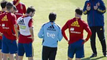 El seleccionador espa&ntilde;ol de f&uacute;tbol, Vicente del Bosque (d), da instrucciones a sus jugadores, durante el entrenamiento en la Ciudad del F&uacute;tbol en Las Rozas (Madrid).