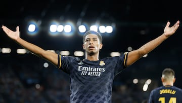 Real Madrid's British midfielder Jude Bellingham celebrates his goal during the LaLiga Matchday 3 match between Celta de Vigo and Real Madrid this Friday at the Balaídos stadium, in Vigo. EFE/Laundress