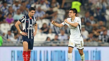 Tijuana's midfielder #19 Rafael Moral (R) celebrates after scoring his team second goal during the Liga MX Clausura football match between Monterrey and Tijuana at the BBVA Stadium in Monterrey, Mexico on March 29, 2025. (Photo by Julio Cesar AGUILAR / AFP)