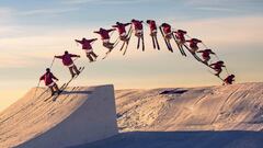 Alex Escribano, freeskier saltando en el Snowpark Sulayr de Sierra Nevada al atardecer.