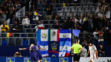 Jul 12, 2025; Carson, California, USA; LA Galaxy defender Julian Aude (3) celebrates a goal by midfielder Diego Fagundez (7) during the second half against D.C. United at Dignity Health Sports Park. Mandatory Credit: Kelvin Kuo-Imagn Images