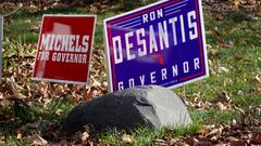 MUSKEGO, WISCONSIN - NOVEMBER 06: Signs supporting Wisconsin Republican gubernatorial candidate Tim Michels and Florida Governor Ron Desantis sit in the yard in front of a home before a visit from Michels at a nearby bar on November 6, 2022 in Muskego, Wisconsin. Michels is in a close race with incumbent Democrat Gov. Tony Evers ahead of Tuesday's general election.  (Photo by Scott Olson/Getty Images)