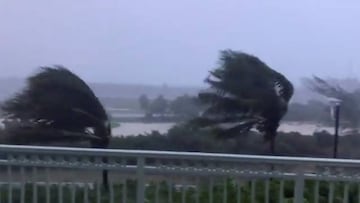 Trees are buffeted by strong winds as Hurricane Isaias hits the Bahamas July 31, 2020 in this still image taken from social media video, filmed from the Grand Isle Resort and Spa at Emerald Bay, Great Exuma. Twitter @ByJeffTodd via REUTERS THIS IMAGE HAS 
