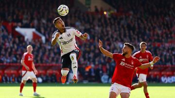 Soccer Football - Premier League - Nottingham Forest v Fulham - The City Ground, Nottingham, Britain - September 28, 2024 Fulham's Andreas Pereira in action with Nottingham Forest's Alex Moreno Action Images via Reuters/Andrew Boyers EDITORIAL USE ONLY. NO USE WITH UNAUTHORIZED AUDIO, VIDEO, DATA, FIXTURE LISTS, CLUB/LEAGUE LOGOS OR 'LIVE' SERVICES. ONLINE IN-MATCH USE LIMITED TO 120 IMAGES, NO VIDEO EMULATION. NO USE IN BETTING, GAMES OR SINGLE CLUB/LEAGUE/PLAYER PUBLICATIONS. PLEASE CONTACT YOUR ACCOUNT REPRESENTATIVE FOR FURTHER DETAILS.. TPX IMAGES OF THE DAY