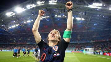 SOCHI, RUSSIA - JULY 07: Luka Modric of Croatia celebrates following his sides victory in the 2018 FIFA World Cup Russia Quarter Final match between Russia and Croatia at Fisht Stadium on July 7, 2018 in Sochi, Russia. (Photo by Lars Baron - FIFA/FIFA via Getty Images)
