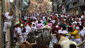 Participants run next to Miura fighting bulls on the last bullrun of the San Fermin festival in Pamplona, northern Spain on July 14, 2018.
 Each day at 8am hundreds of people race with six bulls, charging along a winding, 848.6-metre (more than half a mil