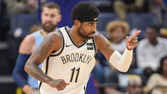 Oct 27, 2019; Memphis, TN, USA; Brooklyn Nets guard Kyrie Irving (11) celebrates making a shot against the Memphis Grizzlies during the first quarter at the FedExForum. Mandatory Credit: Jerome Miron-USA TODAY Sports