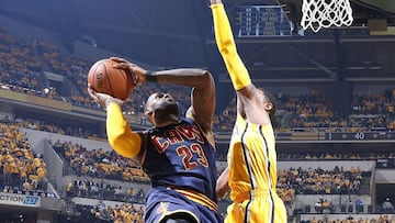 INDIANAPOLIS, IN - APRIL 20: LeBron James #23 of the Cleveland Cavaliers goes to the basket against Paul George #13 of the Indiana Pacers in the second quarter of Game Five of the Eastern Conference First Round during the 2017 NHL Stanley Cup Playoffs at Bankers Life Fieldhouse on April 20, 2017 in Indianapolis, Indiana. The Cavaliers defeated the Pacers 119-114 to take a 3-0 lead in the series. NOTE TO USER: User expressly acknowledges and agrees that, by downloading and or using the photograph, User is consenting to the terms and conditions of the Getty Images License Agreement. Joe Robbins/Getty Images/AFP
== FOR NEWSPAPERS, INTERNET, TELCOS & TELEVISION USE ONLY ==