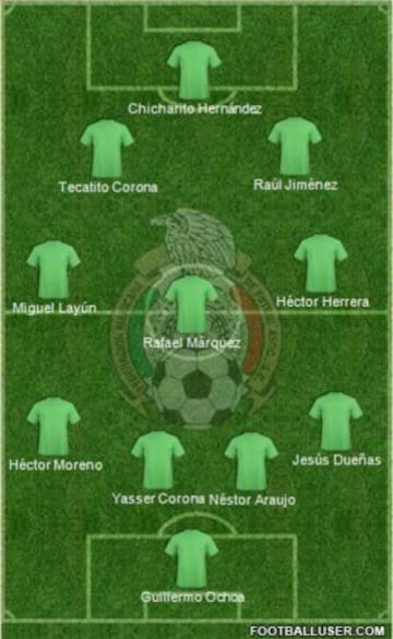 Alineación: G. Ochoa, R. Márquez, H. Moreno, M. Layún, Y. Corona, N. Araujo, J. Dueñas, H. Herrera, J. Hernández, J. Corona, R. Jiménez