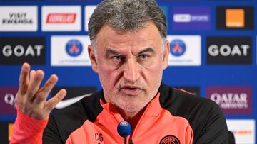 Paris Saint-Germain's French head coach Christophe Galtier gives a press conference at the club's "Camp des Loges" training ground in Saint-Germain-en-Laye, west of Paris on January 31, 2023. (Photo by Bertrand GUAY / AFP)