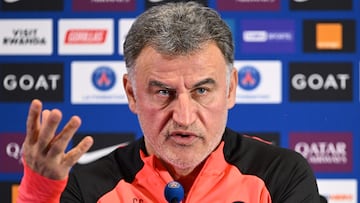 Paris Saint-Germain's French head coach Christophe Galtier gives a press conference at the club's "Camp des Loges" training ground in Saint-Germain-en-Laye, west of Paris on January 31, 2023. (Photo by Bertrand GUAY / AFP)