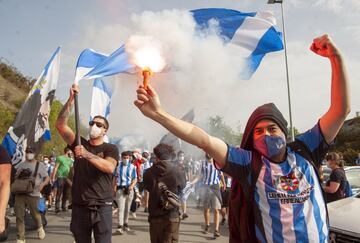 Real Sociedad fans cheer the team on their way down to Seville for the Copa del Rey final.