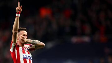 MADRID, SPAIN - FEBRUARY 18: Saul Niguez of Atletico Madrid celebrates after scoring a goal to make it 1-0 during the UEFA Champions League round of 16 first leg match between Atletico Madrid and Liverpool FC at Wanda Metropolitano on February 18, 2020 in