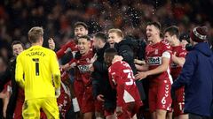 Soccer Football - FA Cup Fifth Round - Middlesbrough v Tottenham Hotspur - Riverside Stadium, Middlesbrough, Britain - March 1, 2022 Middlesbrough&#039;s Joe Lumley with teammates celebrate after the match Action Images via Reuters/Lee Smith