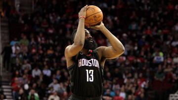 Jan 30, 2018; Houston, TX, USA; Houston Rockets guard James Harden (13) pulls up for a three-point shot against the Orlando Magic during the third quarter at Toyota Center. Mandatory Credit: Erik Williams-USA TODAY Sports