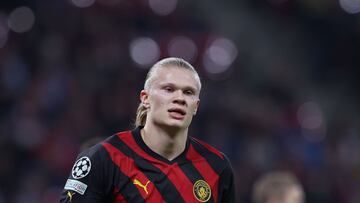 Manchester City's Norwegian striker Erling Haaland looks on during the UEFA Champions League round of 16, first-leg football match between RB Leipzig and Manchester City in Leipzig, eastern Germany on February 22, 2023. (Photo by Ronny Hartmann / AFP)