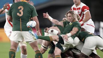 Tokyo (Japan), 13/09/2019.- Far de Klerk of South Africa kicks the ball against Japan during the Rugby World Cup 2019 quarterfinals between Japan and South Africa in Tokyo, Japan, 20 October 2019. (Jap&oacute;n, Sud&aacute;frica, Tokio) EFE/EPA/KIMIMASA M