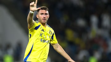 Nassr's French defender #27 Aymeric Laporte celebrates after scoring his team's first goal during the Saudi Pro League football match between Damac and Al-Nassr at Prince Sultan bin Abdulaziz Sports City in Abha on April 22, 2025. (Photo by AFP)