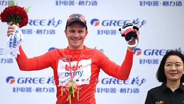 FANGCHENGGANG, CHINA - OCTOBER 15: Lionel Taminiaux of Belgium and Team Lotto Dstny celebrates at podium as Red Leader Jersey winner during the 5th Gree-Tour Of Guangxi 2024, Stage 1 a 149.3km stage from Fangchenggang to Fangchenggang / #UCIWT / on October 15, 2024 in Fangchenggang, China. (Photo by Dario Belingheri/Getty Images)