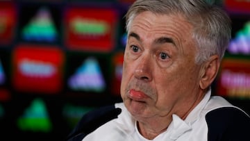 MADRID, 01/12/2023.- El entrenador italiano del Real Madrid, Carlo Ancelotti durante la rueda de prensa tras el entrenamiento del equipo en las instalaciones de Valdebebas, en Madrid este viernes donde el equipo prepara su próximo enfrentamiento liguero contra el Granada FC. EFE/ Javier Lizón