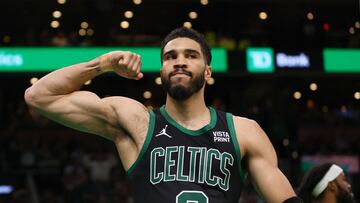 BOSTON, MASSACHUSETTS - MAY 23: Jayson Tatum #0 of the Boston Celtics reacts after a play during the fourth quarter in Game Two of the Eastern Conference Finals against the Indiana Pacers at TD Garden on May 23, 2024 in Boston, Massachusetts. NOTE TO USER: User expressly acknowledges and agrees that, by downloading and or using this photograph, User is consenting to the terms and conditions of the Getty Images License Agreement. Maddie Meyer/Getty Images/AFP (Photo by Maddie Meyer / GETTY IMAGES NORTH AMERICA / Getty Images via AFP)