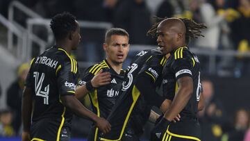 Nov 12, 2023; Columbus, Ohio, USA; Columbus Crew celebrates midfielder Darlington Nagbe (6) goal against the Atlanta United FC during the first half at Lower.com Field. Mandatory Credit: Trevor Ruszkowski-USA TODAY Sports