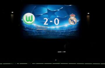 The score board shows the 2-0 victory after the UEFA Champions League quarter-final, first-leg football match between VfL Wolfsburg and Real Madrid on April 6, 2016 in Wolfsburg, northern Germany.