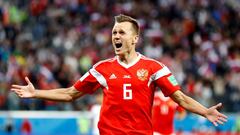 FILE PHOTO: Russia&#039;s Denis Cheryshev celebrates scoring their second goal against Egypt - Saint Petersburg Stadium, Russia - June 19, 2018.       REUTERS/Fabrizio Bensch/File Photo