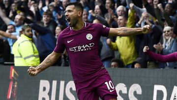WO003. London (United Kingdom), 16/09/2017.- Manchester City's Sergio Aguero celebrates after scoring against Watford during their Premier League match at Vicarage Road Stadium Watford, Britain, 16 September 2017. EFE/EPA/WILL OLIVER EDITORIAL USE ONLY. No use with unauthorized audio, video, data, fixture lists, club/league logos or 'live' services. Online in-match use limited to 75 images, no video emulation. No use in betting, games or single club/league/player publications.
