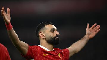 Salah celebra su gol en las semifinales de la Carabao Cup frente al Tottenham.