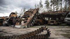 LYMAN, UKRAINE - OCTOBER 05: A view of destroyed armored vehicles and tanks belonging to Russian forces after Russian forces withdrawn from the city of Lyman in the Donetsk region (Donetsk Oblast), Ukraine on October 05, 202. Russian troops withdrawn from Krasny Port due to threat of siege as Kyiv had said that thousands of Russian soldiers were encircled by Ukrainian forces in the city of Lyman in the Donetsk region. (Photo by Metin Aktas/Anadolu Agency via Getty Images)