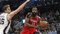 SAN ANTONIO,TX - NOVEMBER 09: James Harden #13 of the Houston Rockets drives past Pau Gasol #16 of the San Antonio Spurs at AT&amp;T Center on November 9, 2016 in San Antonio, Texas. NOTE TO USER: User expressly acknowledges and agrees that , by downloading and or using this photograph, User is consenting to the terms and conditions of the Getty Images License Agreement.   Ronald Cortes/Getty Images/AFP
 == FOR NEWSPAPERS, INTERNET, TELCOS &amp; TELEVISION USE ONLY ==