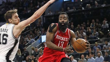SAN ANTONIO,TX - NOVEMBER 09: James Harden #13 of the Houston Rockets drives past Pau Gasol #16 of the San Antonio Spurs at AT&T Center on November 9, 2016 in San Antonio, Texas. NOTE TO USER: User expressly acknowledges and agrees that , by downloading and or using this photograph, User is consenting to the terms and conditions of the Getty Images License Agreement. Ronald Cortes/Getty Images/AFP
== FOR NEWSPAPERS, INTERNET, TELCOS & TELEVISION USE ONLY ==
