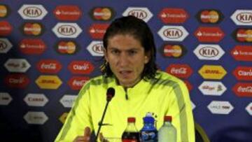 Brazil's soccer player Filipe Luis attends a news conference at Estadio Ester Roa in Concepcion, Chile, June 26, 2015. Brazil will play against Paraguay in their Copa America quarter-finals soccer match on Saturday. REUTERS/Carlos Garcia Rawlins